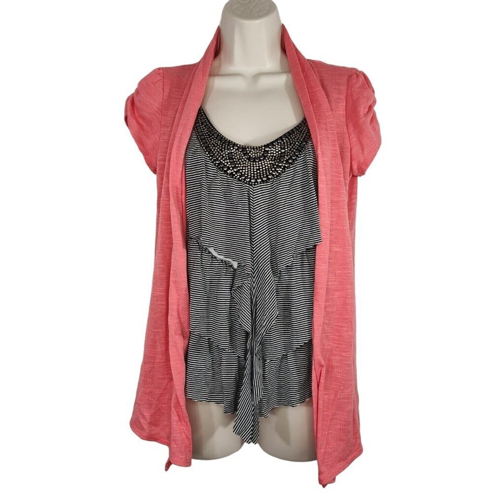 Heart Soul Orange Coral Black Top Women Size L Faux Twin Set Studded Y2K Casual - Picture 2 of 8